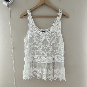 Express Womens Mesh Sheer Lace Sleeveless Top Size M White Boho Feminine Floral